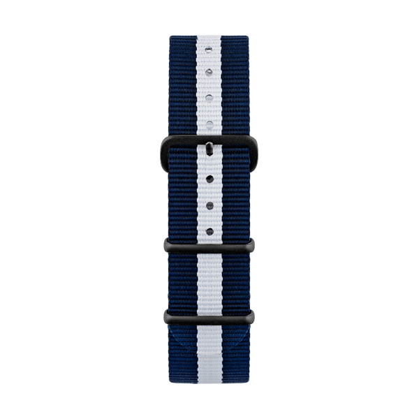 Stylish Nato strap in blue and white color with black buckles by Deveron Lewendal brand