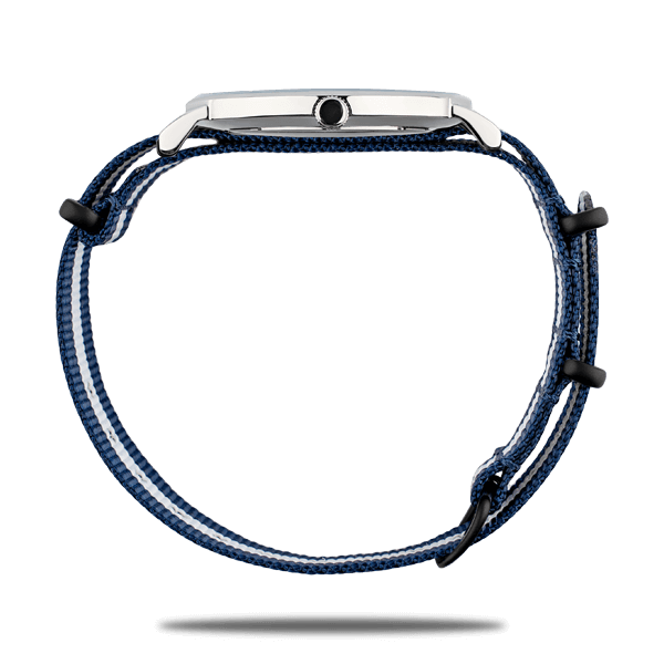 Silver watches with Nato strap in blue and white color by Deveron Lewendal brand