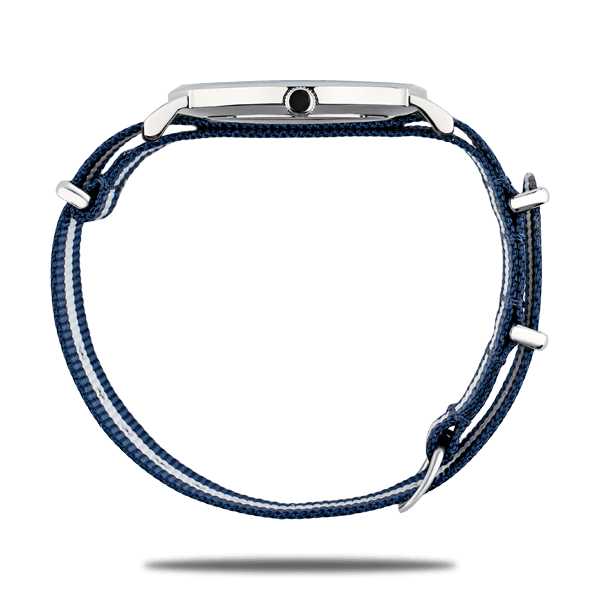 Silver watches with Nato strap in blue and white color by Deveron Lewendal brand from Sweden