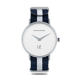 Stylish silver watches with Nato strap in blue and white color by Deveron Lewendal brand
