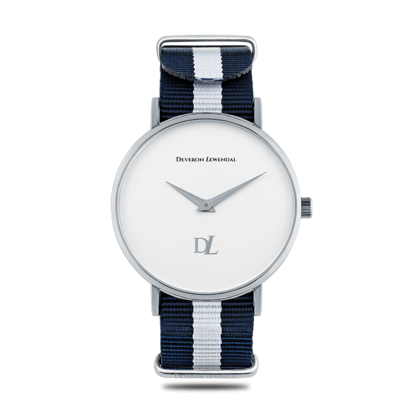 Stylish silver watches with Nato strap in blue and white color by Deveron Lewendal brand